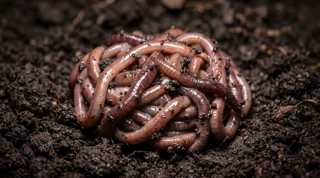 Close-up of live earthworms writhing in dark, damp soil for organic gardening or Halloween decor