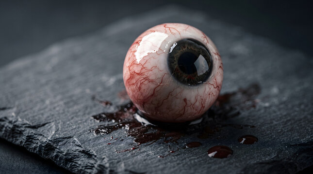 Realistic Halloween prop eyeball with detailed iris and veins on dark plate for spooky decor