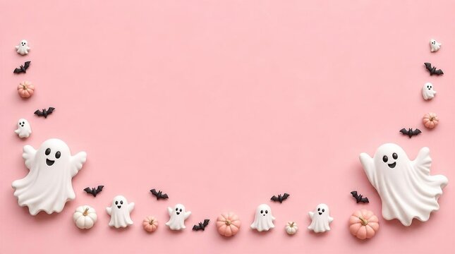 A festive halloween background featuring cute ghost decorations and small bats arranged on a soft pastel pink surface flat lay