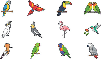 Naklejka premium Cute Cartoon Tropical Birds Vector Icon Set Featuring Parrot, Toucan, Flamingo, and Exotic Avian Species for Kids Illustrations and Educational Designs