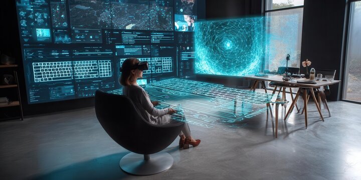 Woman Wearing VR Headset Interacting with Holographic Screens in Modern Command Center