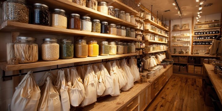 Zero Waste Bulk Food Store Interior with Glass Jars and Reusable Bags
