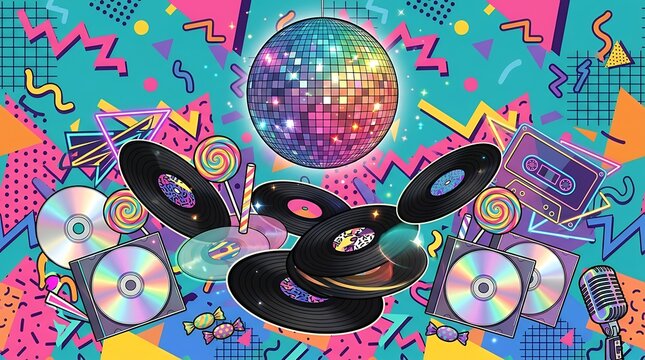 Retro Eighties Nineties Disco Party Poster Design Featuring Mirror Ball Compact Disc Vinyl Records and Lollipop Candy on Memphis Pattern Background disco retro vintage party poster banner eighties