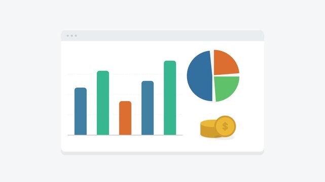 Animated business analytics dashboard with bar chart, pie chart, and growing coin stack