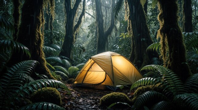 Yellow tent glows warmly in dense rain forest. Travelers find shelter from heavy downpour jungle setting. Peaceful camping spot nature escape under wet foliage.