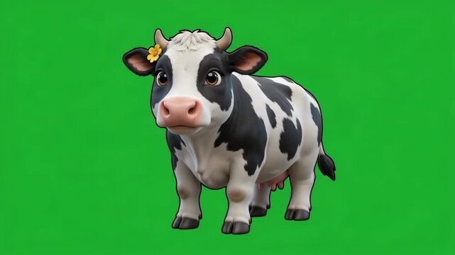 Cute cartoon cow with black and white spots and a yellow flower on its head, standing on a green screen background.