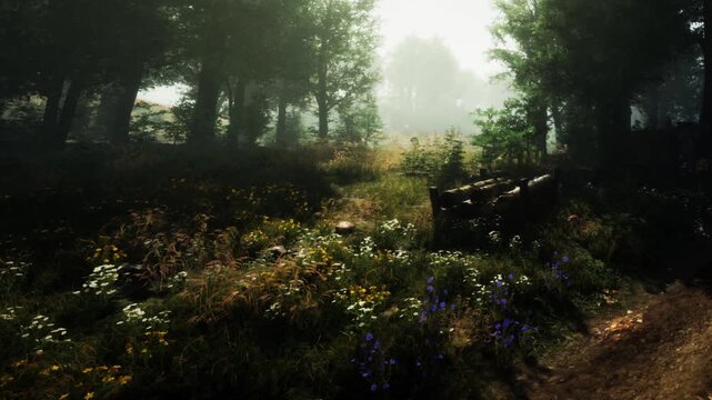 In a forest filled with trees and flowers, fog covers the ground in the early morning. The sunlight breaks through the mist, creating a soft glow over the plants.