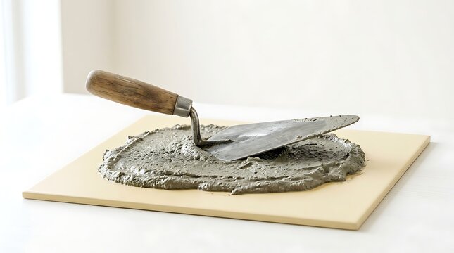 Rustic Mortar and Trowel with Wet Cement on Wooden Board