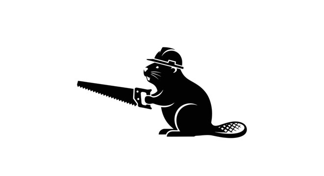 A creative vector illustration of a hardworking beaver wearing a construction helmet while holding a saw, perfect for carpentry, woodwork, and building industry logos
