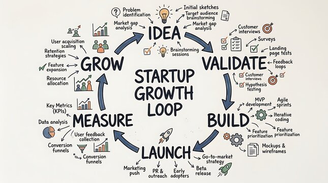 Startup growth loop diagram showing the iterative process of business development and product lifecycle.