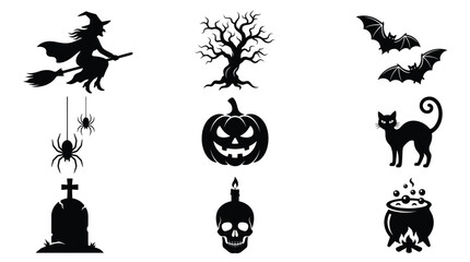 Fototapeta premium Set of halloween silhouettes featuring a witch on a broom, spooky tree, bats, spiders, jackolantern, black cat, tombstone, skull with candle, and a bubbling cauldron