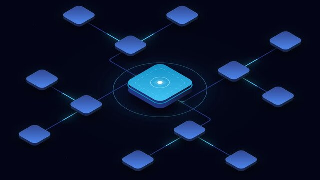 Digital network hub concept: isometric data connection nodes and glowing information flow