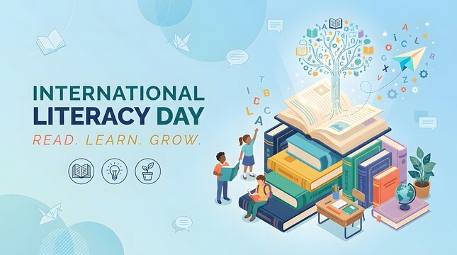 Isometric illustration depicting stacked books and learning concepts for literacy day