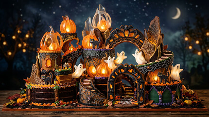 Fototapeta premium Spooky Halloween gingerbread house with glowing pumpkins and ghosts at night.