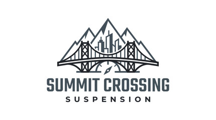 Obraz premium Vintage logo design featuring a suspension bridge and mountain range with city skyline.