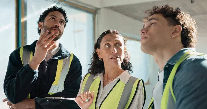 Architect, team and happy people with clipboard, talk or quality assurance for property development. Construction site, inspection and colleagues with checklist, collaboration and safety check update