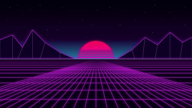 Retro 80s synthwave landscape with glowing neon grid and sunset horizon motion background