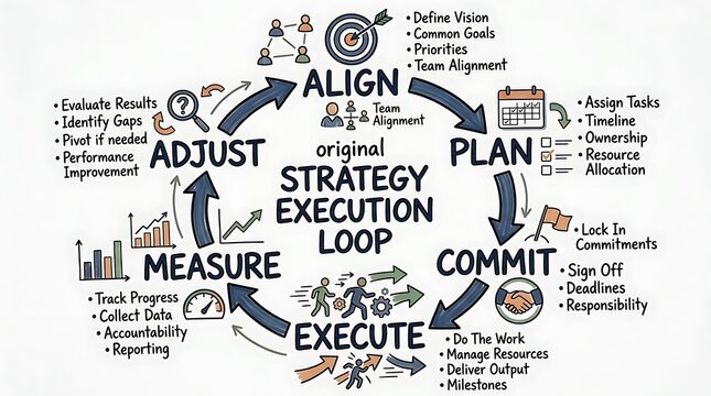 A business strategy execution loop diagram showing the cyclical process of planning, committing, executing, measuring, and adjusting for organizational success.
