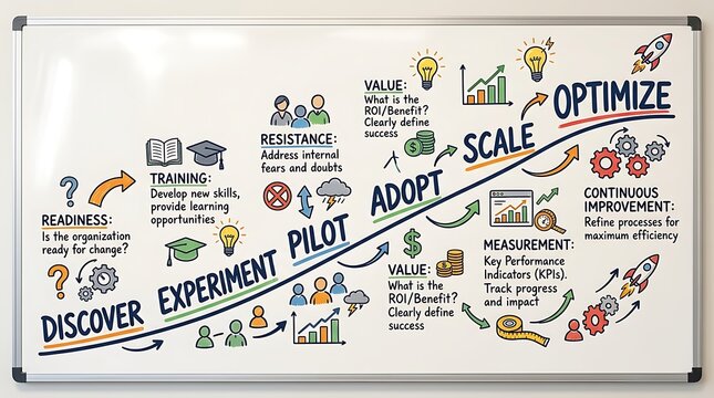 Business transformation roadmap diagram drawn on a whiteboard illustrating stages of organizational change and growth.