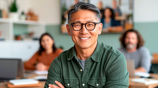 Smiling mature asian businessman wearing glasses in modern office with colleagues working in blurred background, professional leadership and teamwork concept