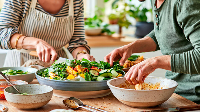 Couple preparing fresh vegetable salad together in bright home kitchen, healthy homemade cooking with greens, cucumber and colorful ingredients