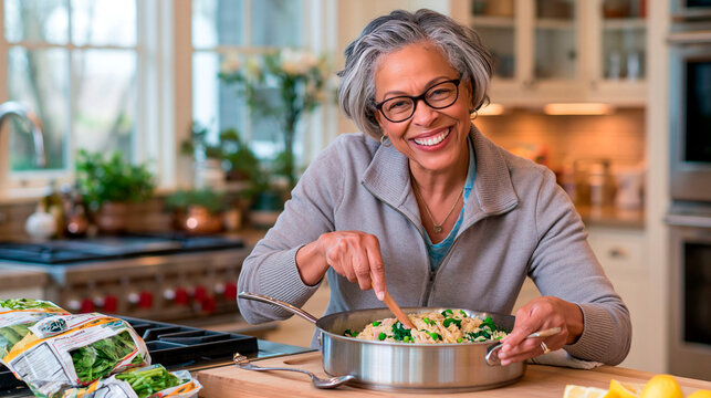 Smiling senior woman wearing glasses cooking healthy pasta with vegetables in modern home kitchen, active aging, nutrition and homemade food concept