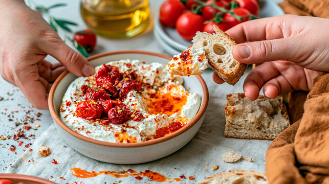 Creamy cheese dip with roasted tomatoes, chili oil and herbs served with rustic bread, savory mediterranean appetizer and sharing food concept