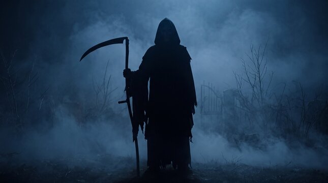 Grim reaper standing with scythe in foggy graveyard at night featuring blue moody lighting for horror themed seasonal spooky design
