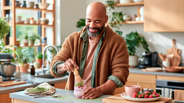 Smiling man preparing strawberry matcha drink with whisk in modern home kitchen, healthy homemade beverage and wellness lifestyle concept