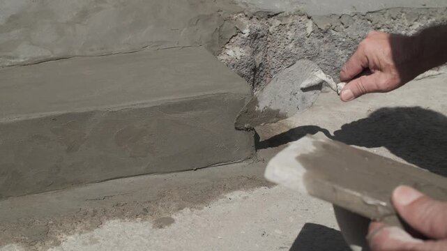 Bricklayer hands smoothing wet mortar on concrete steps with trowel