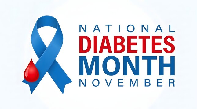National diabetes month is observed with a blue awareness ribbon and a blood droplet to promote november health campaigns and disease prevention