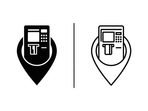 Atm locator marker pin outline and black fill icon set with navigation geography terminal