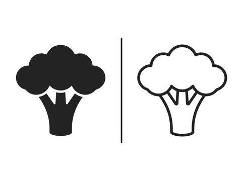 Broccoli floret vegetable outline and black fill icon set with broccoli vegetable nutrition