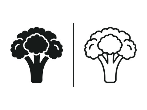 Broccoli vegetable outline and black fill icon set with broccoli vegetable nutrition ingredient
