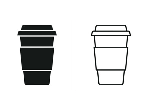 Takeaway coffee cup vector outline and black fill icon set with takeaway beverage caffeine
