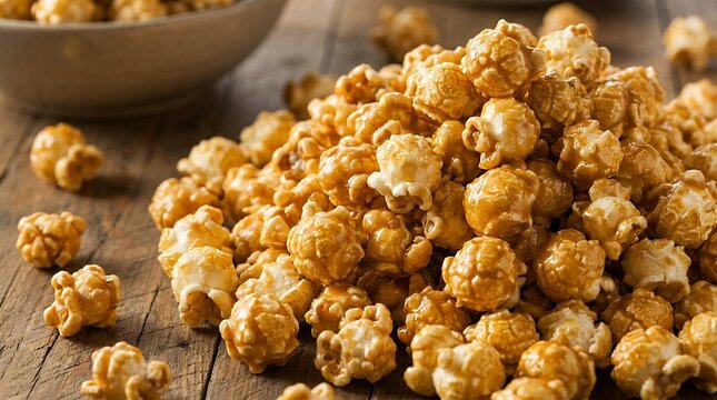 Delicious Crispy Caramel Coated Popcorn Snack Pile Tasty Golden Sweet Glazed Corn Kernels for Movie Night Treat and Confectionery Concept Background popcorn caramel sweet crunchy snack food corn