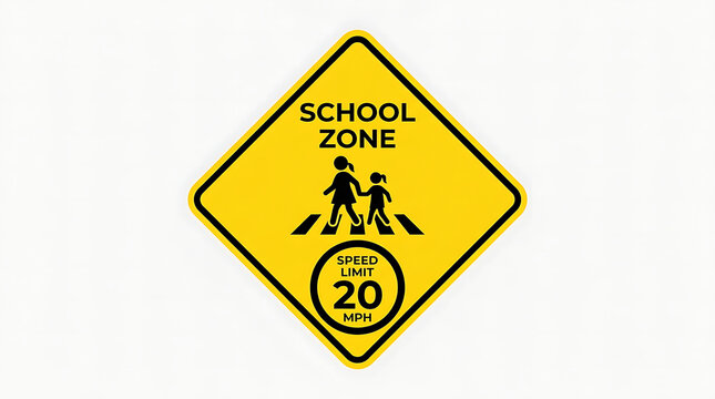 Bright yellow diamond school zone traffic sign with children crossing and speed limit 20 mph warning