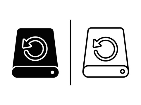 Data backup hard drive outline and black fill icon set with recovery technology computer isolated