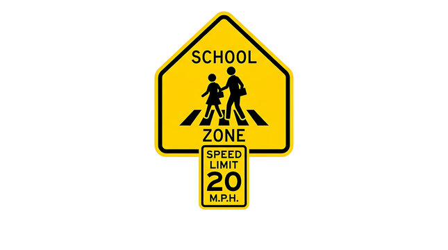 Bright yellow school zone traffic sign with speed limit 20 mph and pedestrian crossing symbol
