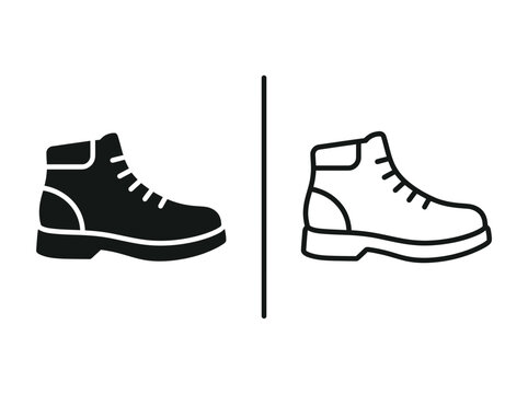 Outline and black fill icon set featuring a hiking boot or work shoe footwear
