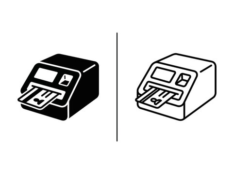 Atm terminal or card reader outline and black fill icon set with terminal technology hardware