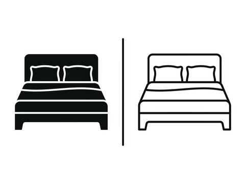 Hotel bed furniture outline and black fill icon set with furniture interior relaxation mattress