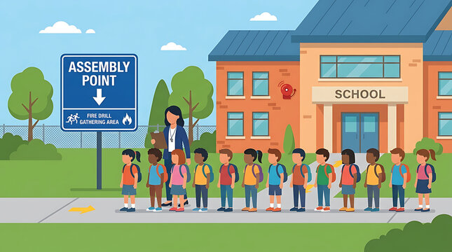 Students lined up for school assembly with teacher and safety signs