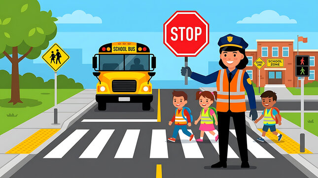 School crossing guard with stop sign ensures children's safety crossing the street near a school bus