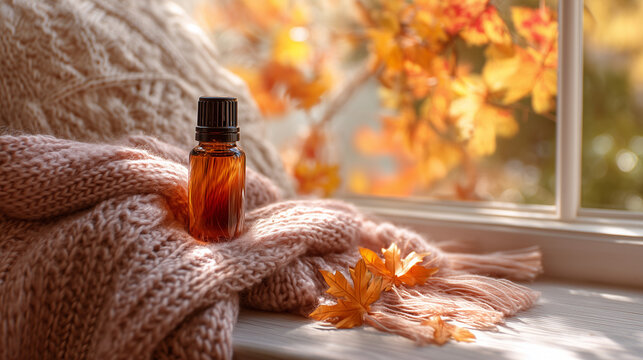 Amber essential oil bottle surrounded by cozy knitted textiles and autumn leaves beside a sunlit window, creating a warm concept for wellness, aromatherapy, relaxation, and seasonal self-care.