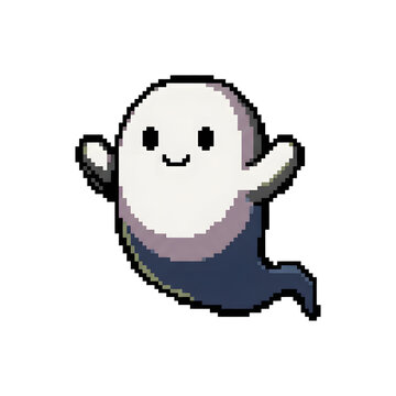 Retro pixel art illustration of a friendly cartoon ghost spirit with a cheerful smile, isolated on white background
