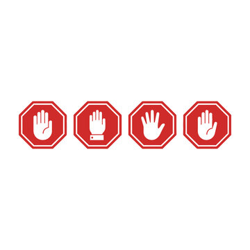 Four red stop signs with white hand symbols on white background