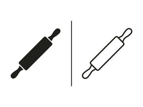 Baking rolling pin outline and black fill icon set with equipment abstract isolated silhouette