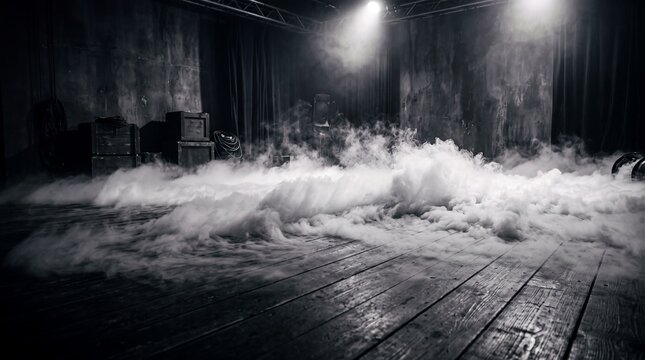 Thick white smoke clouds roll across a wooden stage floor in a dark studio set with spotlight beams and background equipment