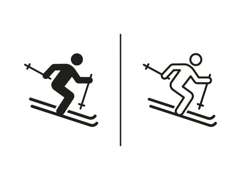 Downhill skiing winter sport outline and black fill icon set with movement recreation isolated